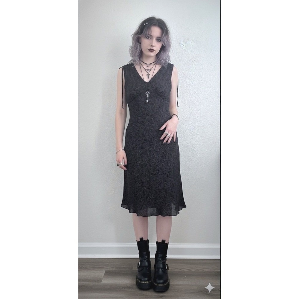Fashion Bug Whimsygoth Y2K Babydoll Midi Dress‎ Womens 10 Black Dotted Lined